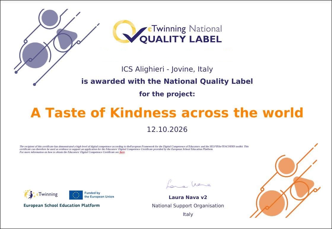 Certificato di Qualità Nazionale eTwinning per il progetto “A Taste of Kindness across the World”